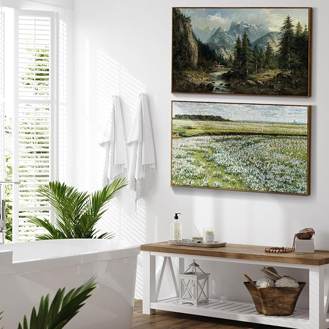 crmotu Vintage Framed Wall Art, Mountain River Landscape Canvas Painting, Pine Tree Forest Art Prints, Rustic Farmhouse Home Decorations, Pictures Wall Decor Living Room Bedroom Cottage 20x30in