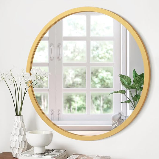 JJUUYOU Wall Mirror 24 Inch Round Wall Mirror for Bathroom Antique Circular Mirrors Washroom Wall Decor Wood Frame Mirrors for Living Room Bedroom Dorm Decorative