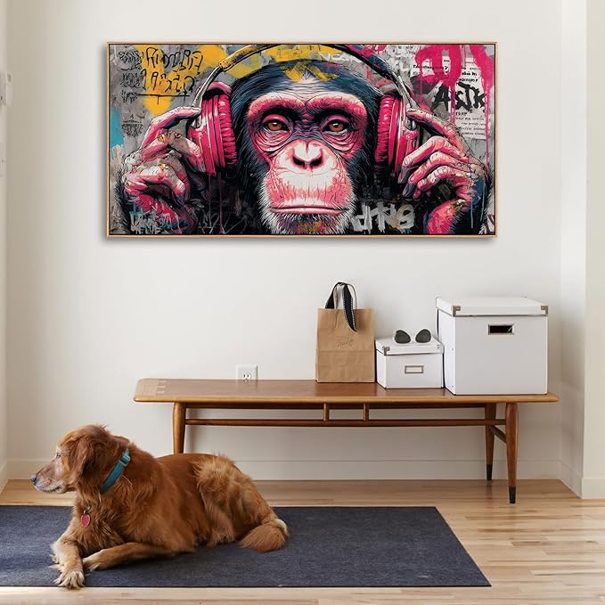 Sorbrozo DJ Gorilla Street Wall Art Print - Colorful Graffiti Canvas Painting with Headphones Music Theme Wall Decor for Boys Room Home and Office 24X48in