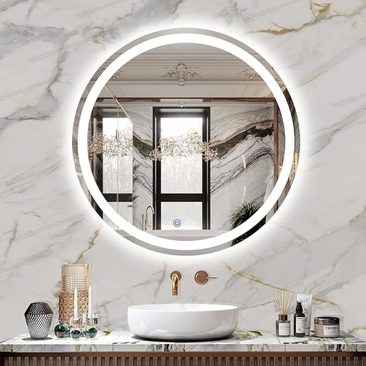 24" LED Bathroom Mirror Round Vanity Mirror, Anti-Fog, Dimmable, 3 Color Temperature, Memory Function Led Wall Mirror for Bathroom, Vanity, Shaving (Vertical/Horizontal)