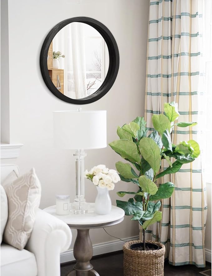 JJUUYOU Circular Wall Mirror Round Mirror for Bathroom Black Small Circle Wall Mounted Mirror for Decor Wood Framed Make up Mirror for Farmhouse Living Room Bedroom 16Inch