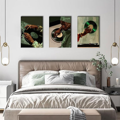 AOYUSMO 3 Piece African American Wall Art Black Men Wall Decor Record Canvas Art Fashion Music Pictures Music Studio Paintings Modern Trendy Artwork For Living Room Bedroom