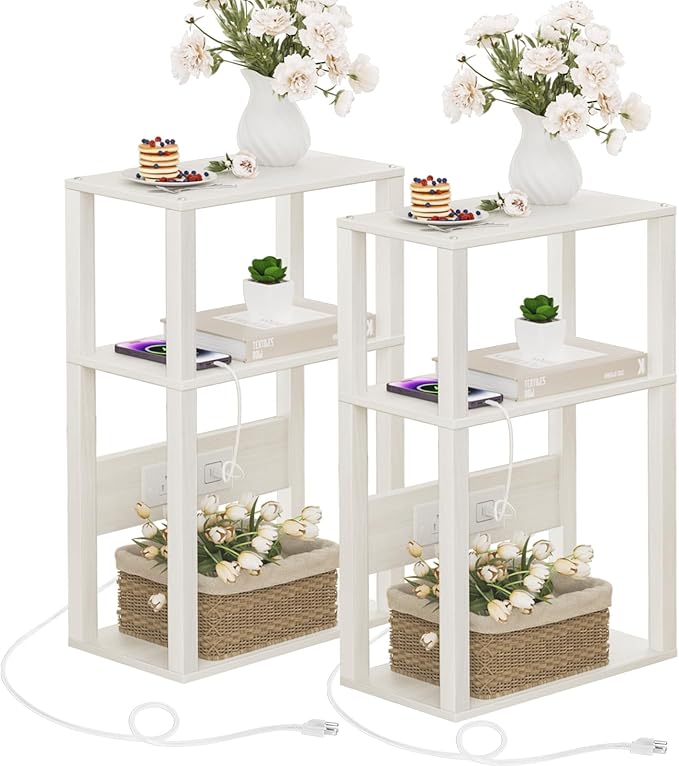 YUFAM 3 Tier Small Narrow Bamboo Side Table Set of 2 with Charging Station - Skinny Nightstand for Small Spaces, Slim Bedside Table with USB Ports and Outlets - Thin End Table with Storage, Grey White