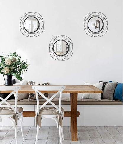 3 Set Black Wall Mirror Black Small Round Decorative Mirrors, Circle Metal Art Mirror Home Decor Bathroom Vanity, Living Room or Bedroom 12”