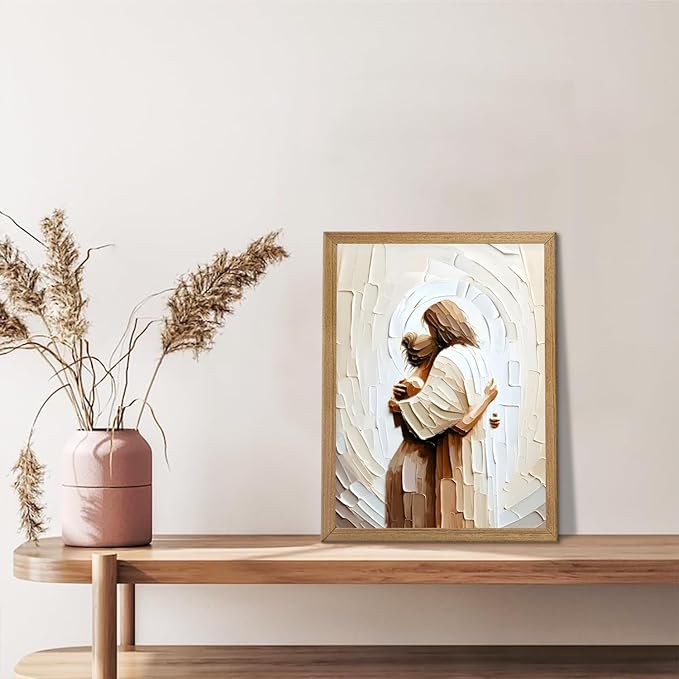 Framed Jesus Hugging Woman Canvas Wall Art God & Girl Wall Decor Safe in His Arms Pictures Modern Christian Healing Embrace Mormon Prints Posters Artwork for Living & Prayer Room Bedroom Decor 16x24in