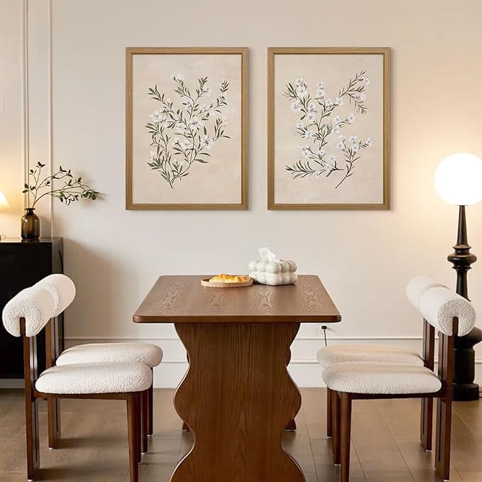 Vintage Botanical Wall Art Neutral Floral Prints Farmhouse Flower Canvas Wall Decor Watercolor Wildflower Pictures Nature Minimalist Artwork for Living Room Bedroom 16x24 Inch Wood Framed Set of 2