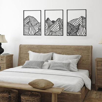 Peryiter 3 Pcs Metal Wall Art Decor Landscape Mountain Wall Hanging Decor for Living Room Abstract Minimalist Modern Mountain Line Pictures Bathroom Office Home Gifts Indoor(Black)