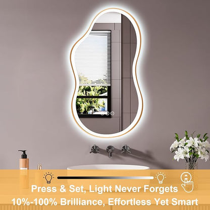 WTTY LED Irregular Bathroom Mirror 20x36 Inch with Front & Back Lights - Asymmetrical Design, Anti-Fog, Dimmable 3 Color Temperatures, Shatterproof Glass, Horizontal or Vertical Mount (Gold Frame)
