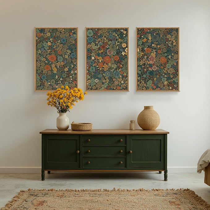 Vintage Floral Boho Framed Canvas Wall Art Set,Colorful Botanical Retro Blossom Flower Wall Decor,Modern Nature Calming Wildflowers Art Print for Living Room,Bedroom, Office-24 x36 x3