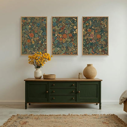 Vintage Floral Boho Framed Canvas Wall Art Set,Colorful Botanical Retro Blossom Flower Wall Decor,Modern Nature Calming Wildflowers Art Print for Living Room,Bedroom, Office-24 x36 x3