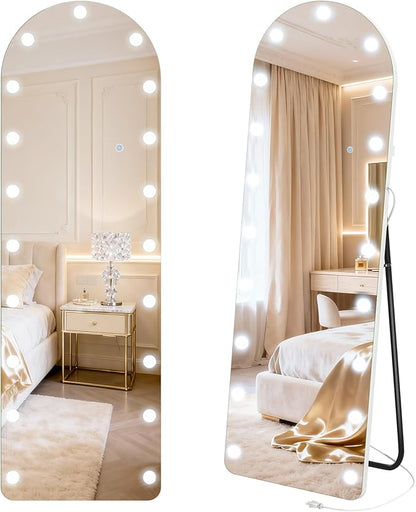 63"×20" Arched Hollywood Full Length Mirror, Standing/Leaning/Hanging Full Body Mirror with 19 Surrounding Lighted Bulbs, Floor Mirror with 3-Mode LED Lights for Bedroom and Living Room