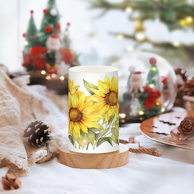 ALAZA Blooming Yellow Sunflowers Flickering Flameless Candles Battery Operated with Remote Timer,Tea Light Candles LED Pillar Votive Candles Set of 2 for Outdoor Indoor Decorations