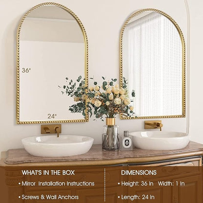 Arched Wall Mirror for Bathroom - 24"x36" Metal Beaded Frame Decorative Accent Mirror, Large Modern Rustic Distressed Hanging Wall Decor for Washroom, Bedroom, Living Room, Entryway, Antique Gold