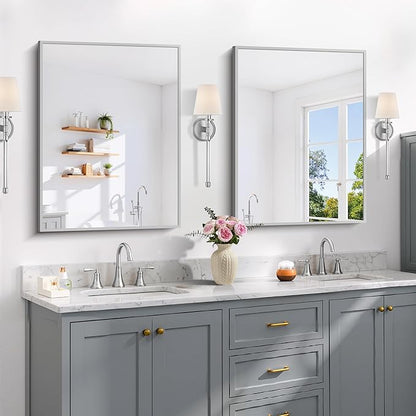 COFENY Silver Bathroom Mirror for Wall, 24x32 Inch Rectangle with Metal Frame, Modern Vanity for Bathroom Living Room, Entryway Hangs Horizontal or Vertical