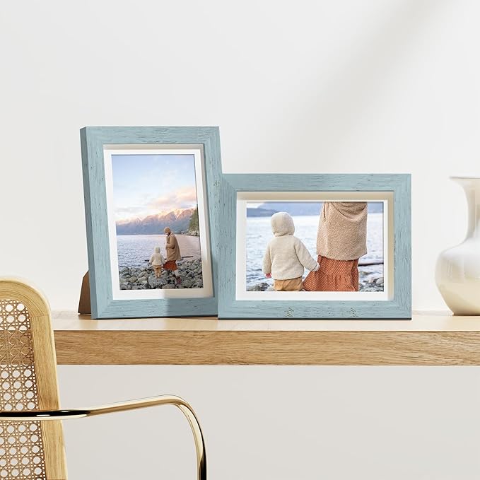 Vittanly 5x7 Picture Frames Set of 9, Display 4x6 Pictures with Mat or 5x7 without Mat, Photo Frames for Wall or Tabletop with Plexiglass, Engineered Wood, Rustic Blue