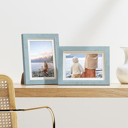 Vittanly 5x7 Picture Frames Set of 9, Display 4x6 Pictures with Mat or 5x7 without Mat, Photo Frames for Wall or Tabletop with Plexiglass, Engineered Wood, Rustic Blue