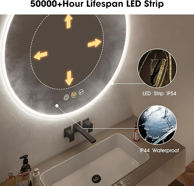 S·BAGNO 24’’ Round Led Bathroom Mirror with Lights, Backlit and Front Lighted, Anti-Fog Wall-Mounted Vanity Mirror 3000K/4000K/6500K, Dimmable Inside Bluetooth Speaker Smart Mirror
