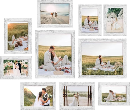 iRahmen Collage Picture Frames Set of 10, Wall Decor for Mounting or Tabletop Display, Family Photo Gallery Frame Set - Multi Sizes Including Two 8x10, Four 5x7, Four 4x6, HD Glass, Rustic Wood
