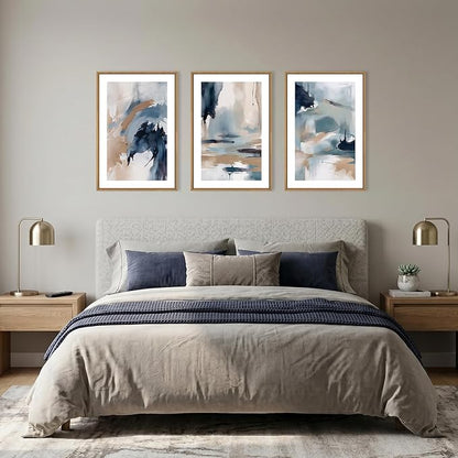 KAIRNE Blue Abstract Neutral Framed Canvas Wall Art Set, Navy Abstract Wall Decor, Watercolor Blue and Brown Wall Painting, Modern Textured Art Prints for Living Room, Bedroom, Office-24 x36 x3