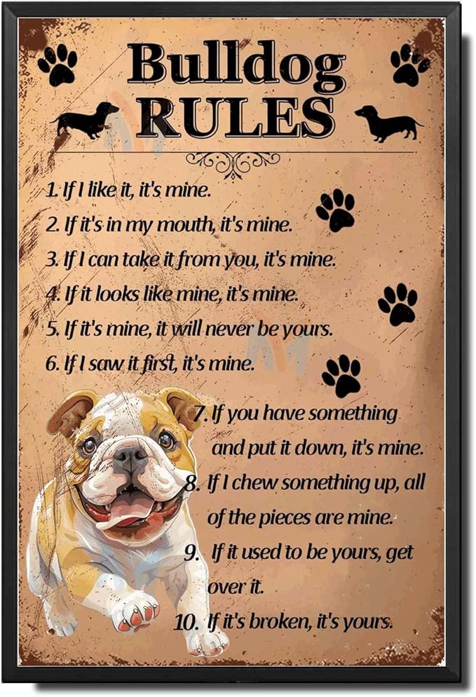 Metal Sign Tin Sign Vintage Wall Art Bulldog Rules Bathroom Signs for Home for Bar 6×8 Inches with Metal Frame