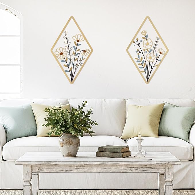 PullCrease 2 Pcs Metal Wall Art, Metal Flower Wall Decor, Modern Floral Art for Living Room, Bedroom, Bathroom, Rustic Farmhouse Decor, Sculpture Kitchen Decoration (Boho)
