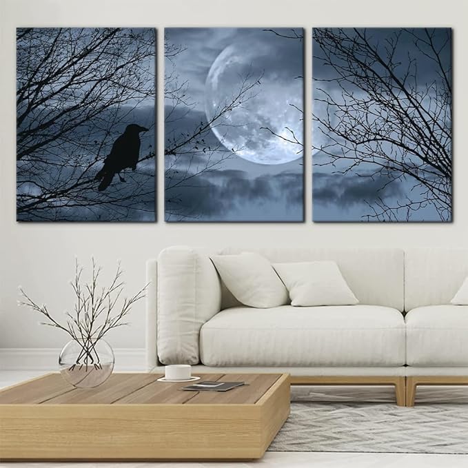 Pacimo 3 Pieces Canvas Art Wall Decor Full Moon Halloween Pictures Black and White Wall Art Painting Prints on Canvas Modern Artwork Stretched and Framed Ready to Hang - 20"x28"x3 Panel