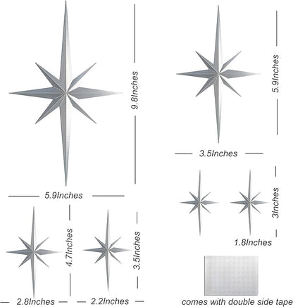 Stylor Mid Century Modern Decor, Mcm Retro 3D Star Art Wall Sculpture, Plastic Starburst Decor, Vintage Celestial Whimsigoth Home Decor Accent. (Set of 6, Silver)