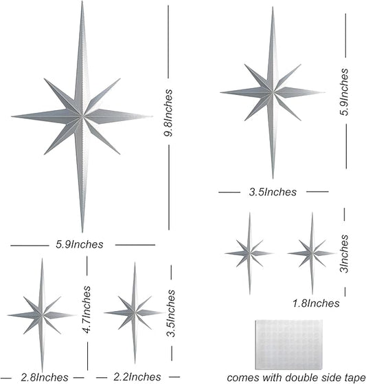 Stylor Mid Century Modern Decor, Mcm Retro 3D Star Art Wall Sculpture, Plastic Starburst Decor, Vintage Celestial Whimsigoth Home Decor Accent. (Set of 6, Silver)