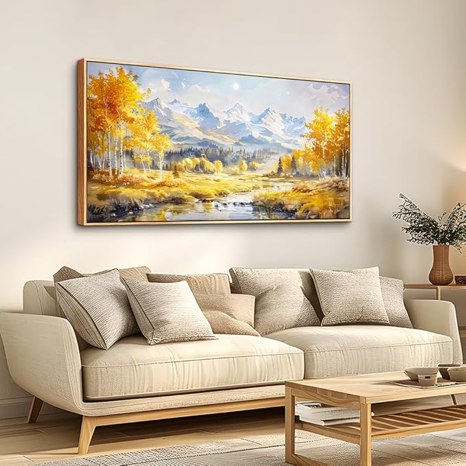 ZUITINGHUA Large Wood Framed Wall Decor For Living Room Canvas Wall Art For Office Modern Wall Decorations For Bedroom Yellow Tree Landscape Paintings Mountain Pictures Artwork Home Decor 24x48 In