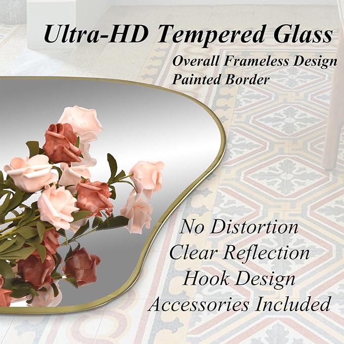 Gold Irregular Wall Mirror, 35.8"x17.7" Asymmetrical Tempered Glass Mirror, Modern Abstract Frameless Cloud Mirrors for Living Room Bedroom Entryway, Horizontal or Vertical Hanging