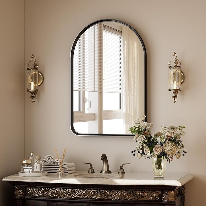 Easly 30"x20" Arched Bathroom Mirror - Modern Black Mirror for Wall with Rounded Corners, Bathroom Mirror for Vanity, Aluminum Alloy Framed Mirror - for Living Room, Bedroom, Cloakroom