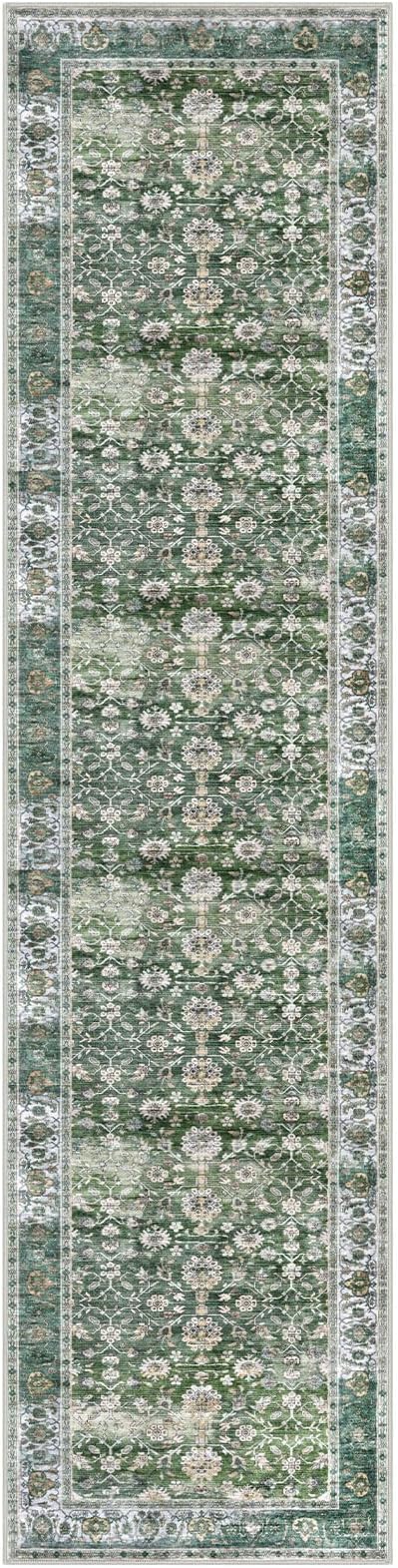 KUTA Vintage Washable Runner Rug, 2x8 Green Runners for Hallways Non-Slip Kitchen Rugs Ultra Thin Soft Printed Distressed Floral Floor Carpet for Laundry Bedroom Living Room Nursery