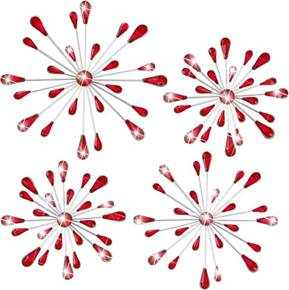 Hicarer 4 Pcs Starburst Wall Decor Bling Wall Art Crystal Teardrop 3D Hanging Rhinestone Radial Metal Artwork Modern Accent Sculptures Decorations for Living Room Home Office Bedroom (Red)