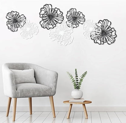 7 Piece Metal Wall Decor for Living Room, Boho Double Layered Iron Flower Wall Hanging Art, Aesthetic Indoor Metal Wall Sculpture Decor for Bedroom Kitchen Bathroom Farmhouse Home Office, Black-White