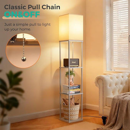 FOLKSMATE Floor Lamp with Shelves, 3-Tier Modern Square Bookshelf Floor Lamp, 3 Color Temperature Bulb Included, Floor Lamps for Living Room Bedroom Corner - Grey