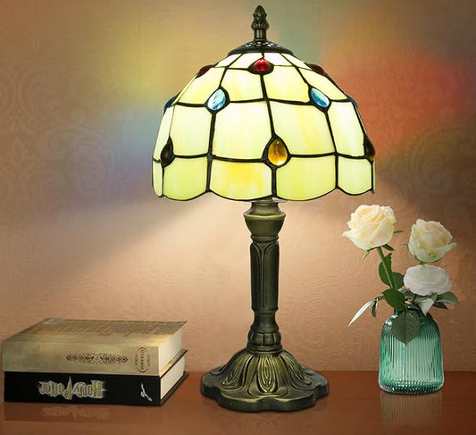 Tiffany Style Table Lamp, 3 Color Temperatures Bedside Lamp, 8 Inch Stained Glass Desk Light for Home Office Bedroom Living Room (Phoenix Tail Pattern)