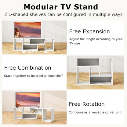 Tangkula 2 Pieces L-Shaped TV Stand, Free-Combination Entertainment Center for TVs up to 55 Inch, Modern TV Media Console Table with 4 Open Cubes, DIY Bookcase Shelf for Living Room (White, 2 pcs)