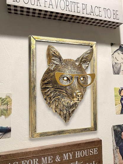 Newinhome Animal Heads Wall Decor (Includes Metal Frame) Resin Animals Sculptures Head Wall Hanging Decoration Gold vintage Wall Sculpture for Living Room Bedroom Office(Fox)