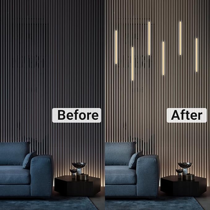 HAMRVL Black Wall Panel Lights, 6PCS 16-Inch 3000K Warm White Wall LED Lights Strip with Touch Switch, Self-Adhesive Dimmable Slat Wall Lights for Wood Slat, Bedroom Fluted Panel, Kitchen Cabinet