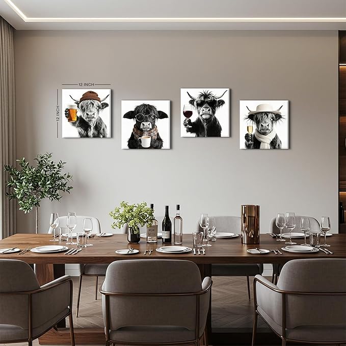 Funny Highland Cow Wall Art Cowboy Wall Decor Farmhouse Kitchen Decor Vintage Black and White Animals Pictures Canvas Prints Humor Cows Theme Paintings Posters Artwork Home Decorations 12x12” 4P