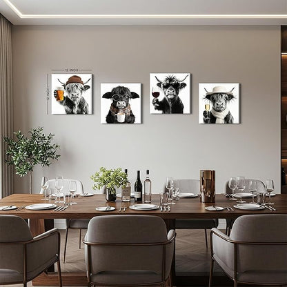 Funny Highland Cow Wall Art Cowboy Wall Decor Farmhouse Kitchen Decor Vintage Black and White Animals Pictures Canvas Prints Humor Cows Theme Paintings Posters Artwork Home Decorations 12x12” 4P