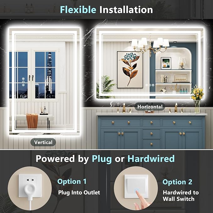 50x36 LED Bathroom Mirror with Lights, Backlit and Front Lit Anti-Fog Lighted Vanity Mirrors for Bathroom Wall, Dimmable, 3-Color Light, Memory, Shatter-Proof, HD Tempered Glass, CRI＞90