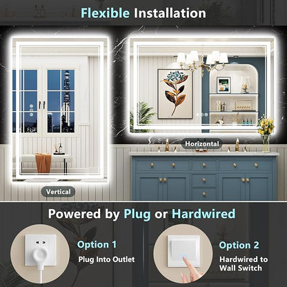 50x36 LED Bathroom Mirror with Lights, Backlit and Front Lit Anti-Fog Lighted Vanity Mirrors for Bathroom Wall, Dimmable, 3-Color Light, Memory, Shatter-Proof, HD Tempered Glass, CRI＞90
