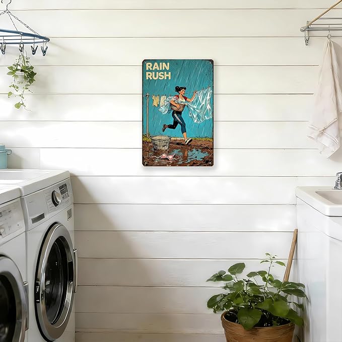 Rain Rush Laundry Vintage Tin Sign Funny Sarcastic Retro Housewife Design Mom Laundry Room Wall Decor 16x12 Inch