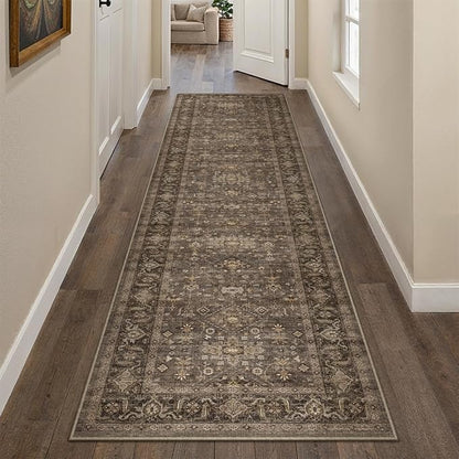 2x14 Washable Runner Rug for Hallway Kitchen Vintage Brown Non Slip Low Pile Carpet Traditional Retro Soft Throw Rug for Bathroom Bedroom Entryway Indoor Entrance