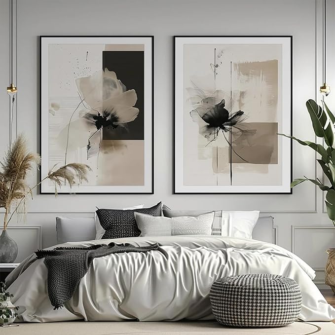 Tocliky Modern Abstract Floral Wall Art Minimalist Neutral Canvas Painting Decor Beige Cream And Black Wall Art Contemporary Flower Picture Prints for Living Room Bedroom 24x36 Inch Unframed Set of 2