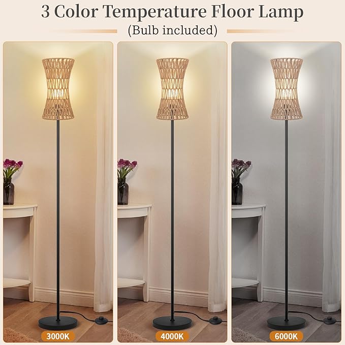 Ruiever Floor Lamp for Living Room,Farmhouse Floor lamp,Modern Standing lamp with Hand-Worked Rattan Shade (Slim Waist Rattan Shade-3 Color Bulb)