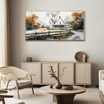 QIYILEXWART Wood Framed Large Wall Decor For Living Room Canvas Wall Art For Office Wall Decoration For Bedroom White Hut Painting Farmhouse Watercolour Picture Home Decor Artworks Ready To Hang