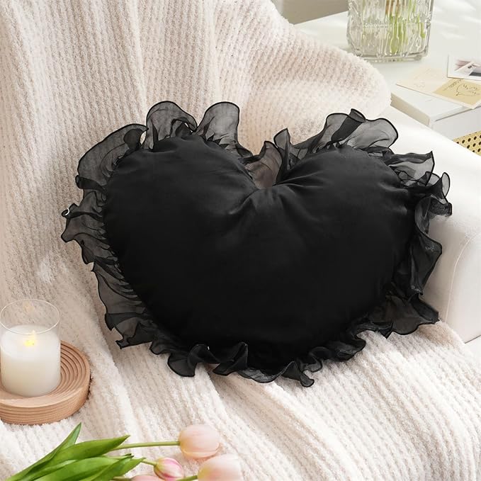 MOJUN Heart Pillows, Black Heart Shaped Pillow with Ruffles Cute Soft Heart Love Pillows Decorative Throw Pillows Cushion for Sofa Couch Bed Living Room Decor Gifts