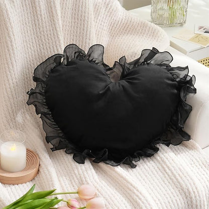 MOJUN Heart Pillows, Black Heart Shaped Pillow with Ruffles Cute Soft Heart Love Pillows Decorative Throw Pillows Cushion for Sofa Couch Bed Living Room Decor Gifts